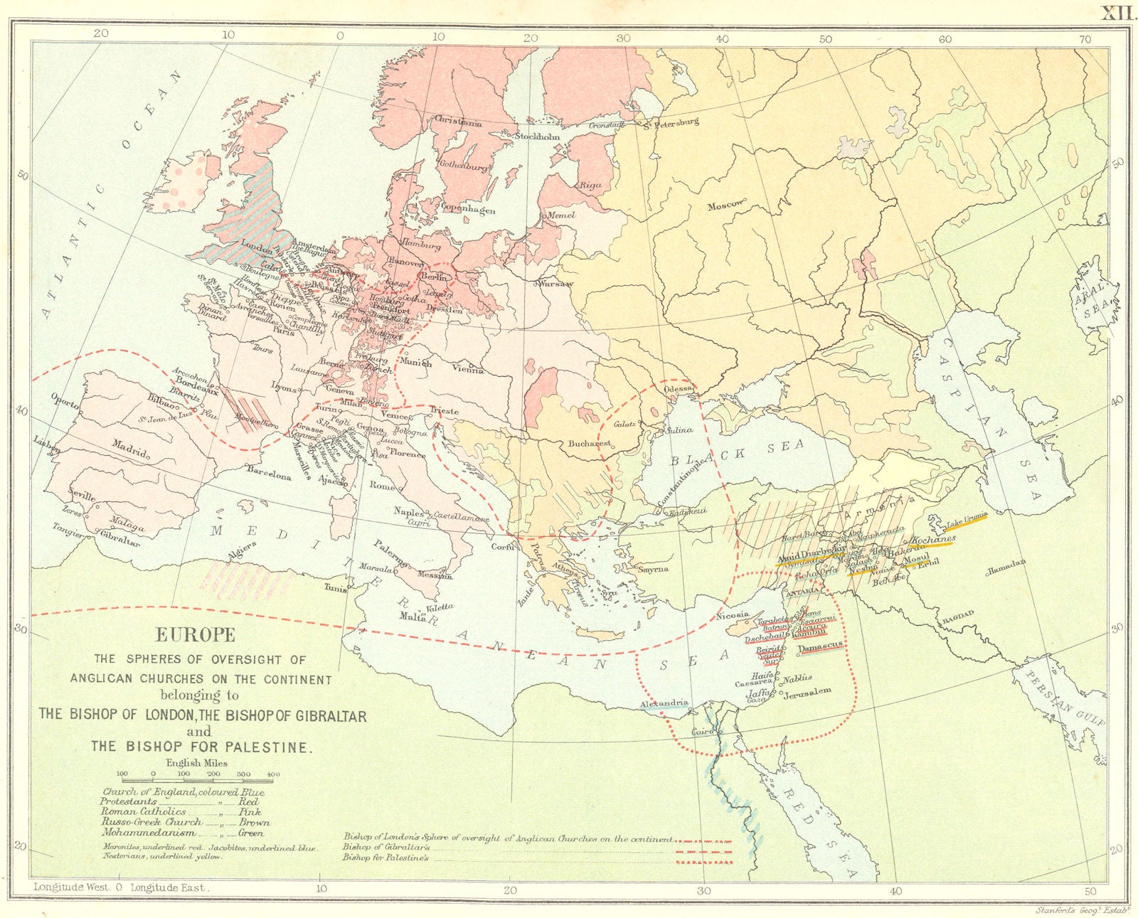 ANGLICAN CHURCH EUROPE. Oversight Bishops London Gibraltar Palestine 1897 map